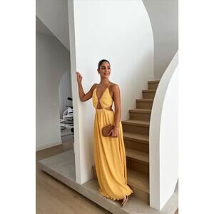 SABO Mable Dress Mustard Yellow NWT XL Crepe  Cutout Midi Pleat Skirt Open Back
